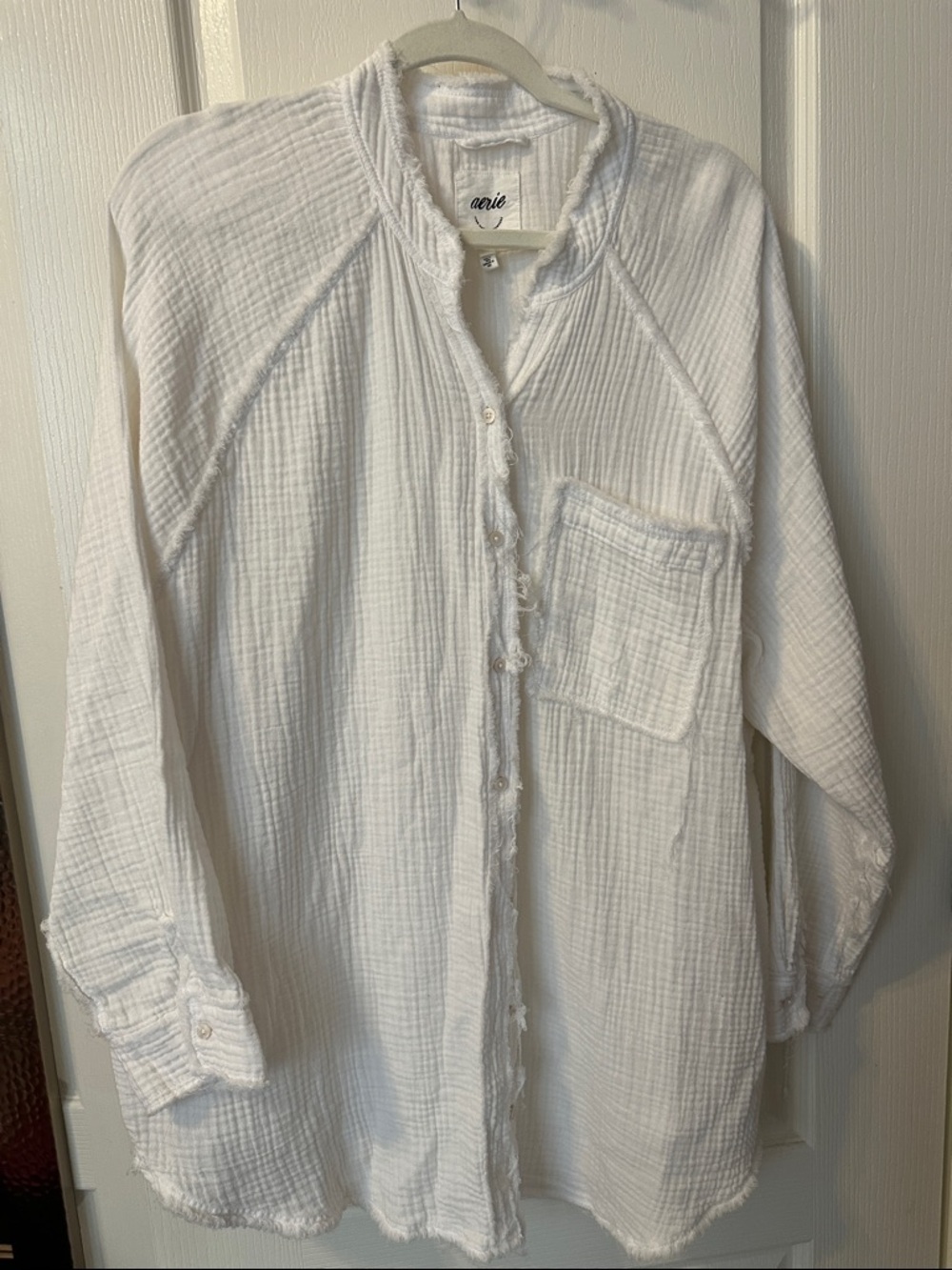 aerie White Frayed Gauze Button-Up Swim Coverup